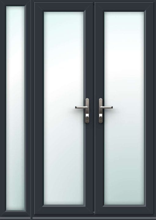 1490mm x 2090mm - Grey-on-White uPVC French Doors with Narrow Side Panel - Image 2