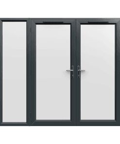 2390mm x 2090mm - Grey-on-White uPVC French Doors with Wide Side Panel