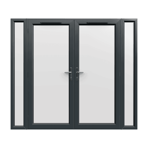 2390mm x 2090mm - Grey-on-White uPVC French Doors with Narrow Side Panels