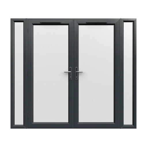 2390mm x 2090mm - Grey-on-White uPVC French Doors with Narrow Side Panels