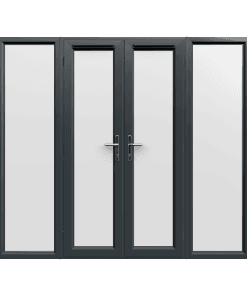 2390mm x 2090mm - Grey-on-White uPVC French Doors with Wide Side Panels
