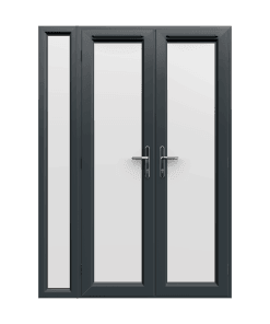 1490mm x 2090mm - Grey-on-White uPVC French Doors with Narrow Side Panel