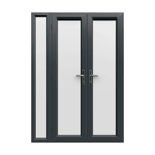 1490mm x 2090mm - Grey-on-White uPVC French Doors with Narrow Side Panel