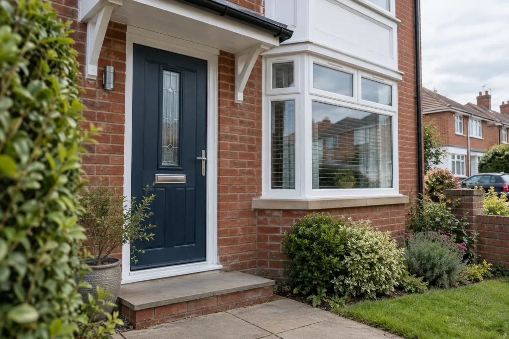Navy blue front door on a red-brick British house with white uPVC windows and a planted front garden.