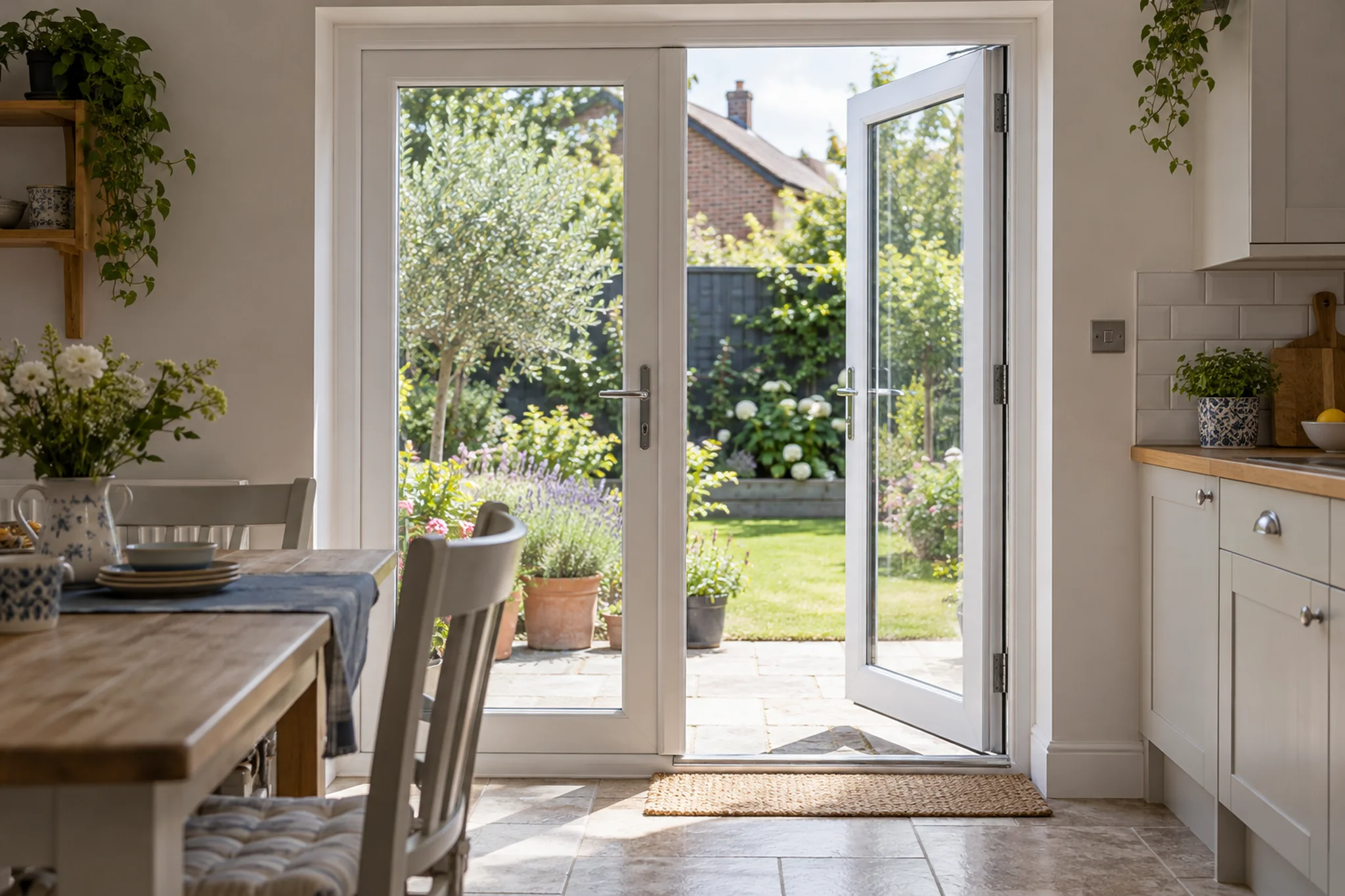 One leaf of white French doors open from a kitchen-diner onto a garden