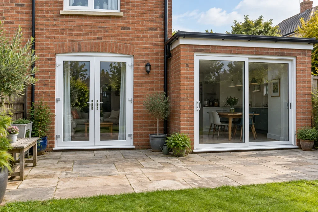 Rear of a brick house with white French doors and sliding patio doors facing the garden