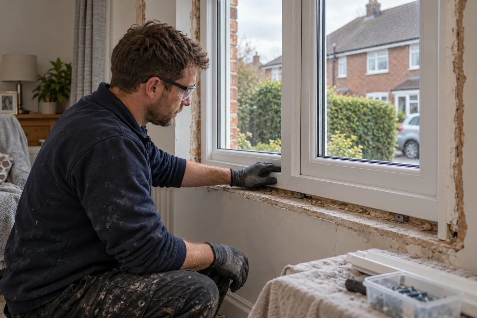 Installer checking a white replacement window in an unfinished wall opening.