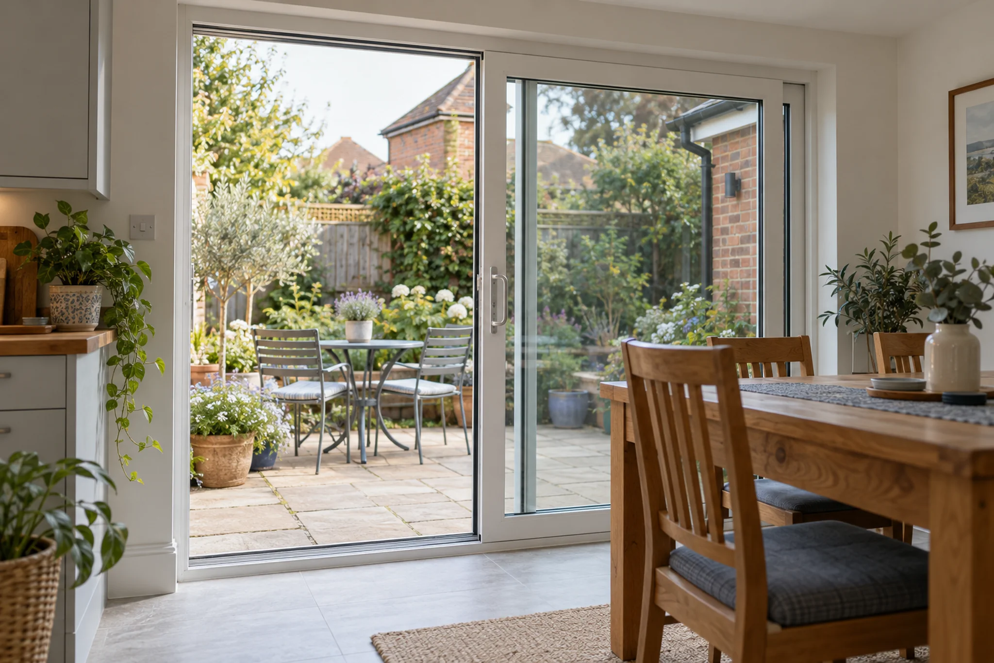 Partly open sliding patio doors beside a dining table, overlooking a small paved patio