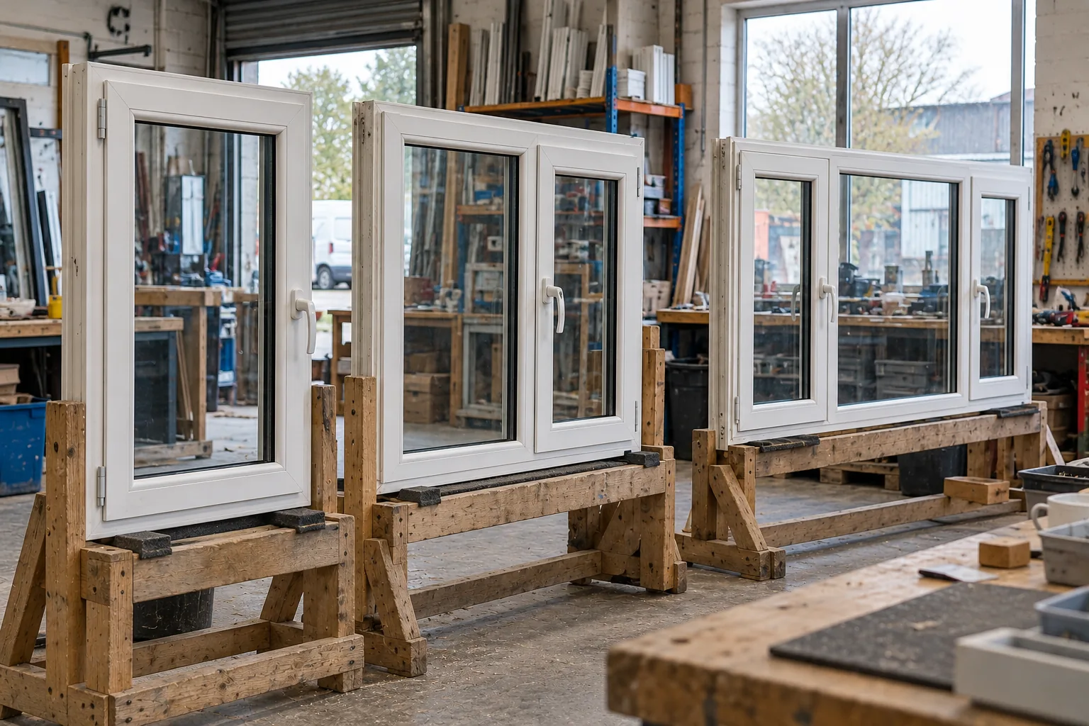 Three white uPVC window assemblies in different sizes and configurations on timber workshop stands.