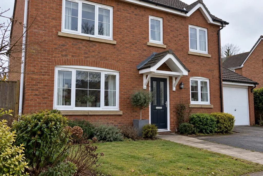 British brick house with white uPVC windows and a front garden.