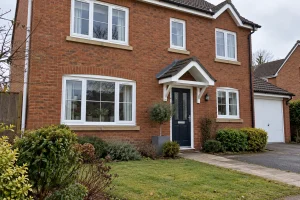British brick house with white uPVC windows and a front garden.